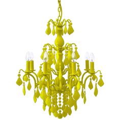 a yellow chandelier hanging from a ceiling