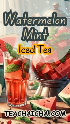 watermelon mint iced tea is on the table next to a bowl of watermelon slices