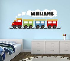 a child's bedroom with a train decal on the wall