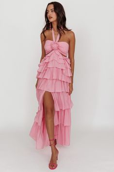 Morpheus Ruffle Halterneck Maxi Dress Pink Rosette Outfit, Pref Dresses, Tacky Prom, Pink Formal Dress, Pink Dress Shoes, Selfie Leslie, Brunch Dress, Shapewear Tops, Ruffle Maxi Dress