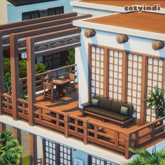 an artist's rendering of a balcony with furniture and potted plants on it