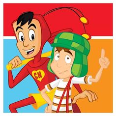 two cartoon characters one is wearing a green helmet and the other has a red cape