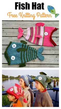 three children's hats with fish on them and the text, free knitting pattern