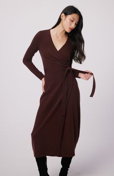 This quintessential wrap sweater-dress knit from luxe wool and cashmere features a sultry dipped neckline and waist-cinching sash. Surplice V-neck Long sleeves 70% wool, 30% cashmere Dry clean Imported Cashmere Wrap Sweater, Wrap Sweater Dress, Dress Knit, Cashmere Wrap, Chestnut Brown, Wrap Sweater, Wool Dress, Cinched Waist, Von Furstenberg