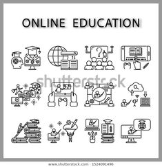 the outline icons for online education are shown in black and white, with an image of people