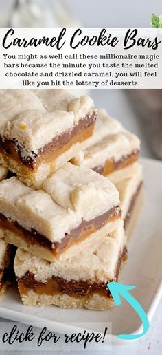 some cookies are stacked on top of each other with the words caramel cookie bars below it