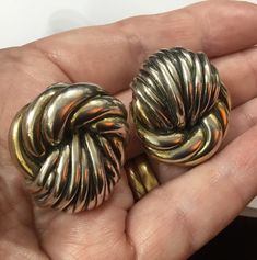 Fabulous large ? Mexican Silver earrings for pierced ears, with push over clip for safety.  Beautiful with a twisted rope/knot design with 14K gold tone accents. Hallmarked 925. Stunning.  They have a combined weight of 15.3 g. They measure 2.5 cm x 3 cm. Free global shipping  from my vintage store, Bags Of Fun in Cyprus. If you are outside of the EU customs charges may apply.   Non-EU customers need to provide a Telephone number and/or email address for the Custom's Declaration (this is not inc Silver Clip-on Earrings In Brass, Silver Clip-on Earrings Made Of Brass, Vintage Gold Jewelry With Sterling Silver Clasp, Silver Clip-on Costume Jewelry Earrings, Vintage Gold Sterling Silver Clip-on Earrings, Vintage Silver Clip-on Plug Earrings, Rope Knots, Knot Design, Vintage Mexican