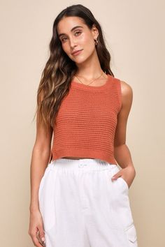 Get the Look Rust Orange Loose Knit Sweater Tank Top Loose Knit Sweater, Cropped Knit Sweater, Loose Knit Sweaters, Burnt Orange Color, Loose Knit, Rust Orange, Sweater Tank Top, Sweater Tank, Rounded Neckline