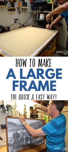 A man assembling a homemade picture frame with a large family picture (engineer print) in it. Diy 24x36 Picture Frame, Large Framed Art Living Room, How To Hang A Large Picture On The Wall, Diy Poster Frame Large Prints, How To Frame A Poster, How To Make A Frame, Diy Large Picture Frame, Large Picture Frame Ideas, Diy Large Art