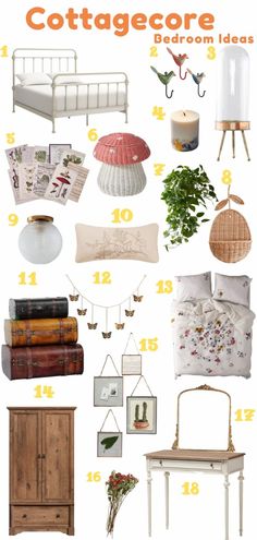 a collage of furniture and decor with the words cottage bedroom ideas on it's side