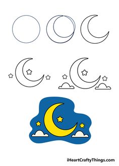 the moon and stars are in the sky with clouds above them, as well as an outline