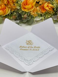 A beautiful wedding handkerchief for the mother of the bride or mother of the groom. Personalized with an embroidered monogram, choice of thread color, and wedding date.   It's a timeless gift.  It's elegant and sentimental, it's personalized and it's a perfect wedding gift for mom.  This is a must-have for her happy tears. Gift occasions:  A great presentation gift for rehearsal dinner or the wedding day. Gift for moms, stepmoms. Material:      Lace handkerchiefs and embroidery thread Design:        Handkerchiefs are personalized with a monogram and embroidered with a vintage leaf script font. Care:            Wash, dry, and iron as needed Packaging:  Each handkerchief will come with an organza gift sac. ------------------------------------------------------------------------------------- Elegant Personalized Handkerchief For Bridesmaid Gift, Elegant Customizable Handkerchiefs For Bridesmaid Gift, Personalized Elegant Handkerchiefs For Bridal Shower, Elegant Personalized Handkerchiefs For Bridal Shower, Classic Personalized Wedding Handkerchiefs, Elegant Personalized Wedding Handkerchiefs, Elegant Machine Embroidered Handkerchiefs For Gifts, Elegant Customizable Handkerchiefs For Bridal Shower, Elegant Monogram Handkerchiefs For Wedding