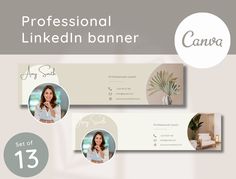 the professional linkedin banner is displayed in three different colors and sizes, along with an image of a woman's face