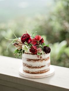 a white cake with red flowers on top sitting on a window sill in front of trees