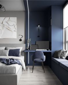 a bedroom with blue walls and white bedding in the corner, along with a painting on the wall