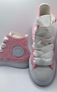 "Pearl HighTop Custom Bling Converse Unisex. Personalize Bridal, Wedding, Sorority, Sweet 16, Anniversary, Party Shoes Bedazzled Gift Idea, Quinceanera, Can do any color requested.. These Converse are a custom color. Normal converse do not come in this particular color. These are special made. Do undertsand custom made orders take a little more time. Disclaimer: PLEASE READ SHOP POLICY BEFORE PURCHASING!! I'm willing to rush your order if you're willing to pay my rush fee. Please ask all questions BEFORE you purchase from my shop. I reply back to customers fairly quickly. All sales are final. It is your obligation to know the correct size needed in Converse before you order. If you receive shoes that are too big or too small, I cannot refund or exchange since they are personalized. If you Quince Shoes Converse, Normal Converse, Bedazzled Shoes Diy, Quinceanera Shoes, Bedazzled Shoes, Bling Converse, Custom Bling, Custom Converse, Bling Shoes