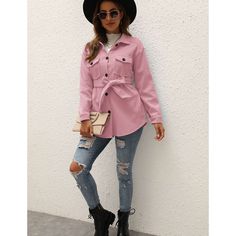 Pink Button Tie Waist Woolen Coat with Pockets Belted Coat, Pocket Belt, Woolen Coat, Pink Beige, Classic Shirt, Waist Tie, Coats For Women, Trench Coat, Cool Outfits