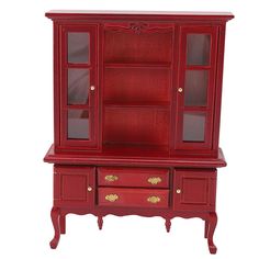 a red china cabinet with glass doors and drawers