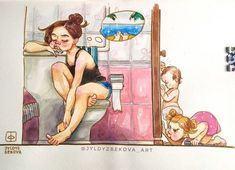 a drawing of a woman sitting on top of a toilet next to two children in a bathroom