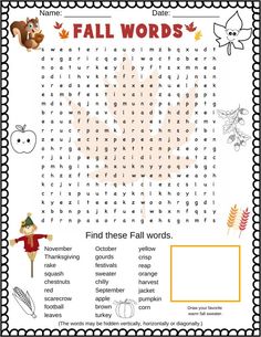 the fall word search is shown in this image