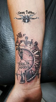 a wrist tattoo with a clock and roman numerals in black ink on the arm