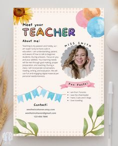 a teacher's day flyer is shown on a table with flowers and balloons in the background