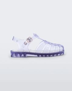 Side view of a clear Mini Melissa Possession sandal with several straps and a clear base. Trendy Jelly Sandals With Rubber Sole And Round Toe, Clear Plastic Jelly Sandals With Round Toe, Casual Clear Plastic Jelly Sandals, Casual Clear Flat Jelly Sandals, Casual Clear Jelly Sandals, Platform Shoes Boots, Vegan Jelly, Punk Love, Mini Melissa Shoes