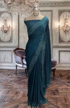 Beautiful peacock blue satin silk cutwork border saree with Kundan stone work and running blouse piece Blue Chinon Saree For Reception, Elegant Blue Dola Silk Pre-draped Saree, Bollywood Style Saree With Peacock Design, Silk Saree With Peacock Design In Traditional Drape, Silk Saree With Peacock Design For Wedding, Peacock Colour Dress, Peacock Blue Saree, Peacock Color Dress, Indian Fits