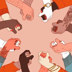 many people are holding their hands together in the middle of a circle with each other