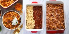 three different dishes with beans and other foods in them