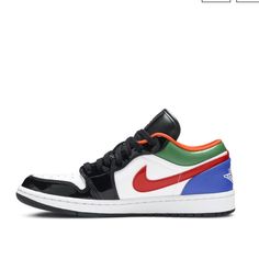 New Without Box 100% Authentic Nike Multicolor Sneakers With Contrast Sole, Modern Multicolor Low-top Custom Sneakers, Nike Multicolor Leather Sneakers, Multicolor Nike Leather Sneakers, Sporty Multicolor Sneakers With Red Sole, Nike Air Jordan Low, Jordan Wmns, Air Jordan Low, Jordan Low