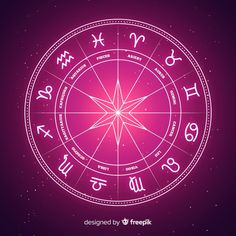 an astro wheel with zodiac signs in the center and stars around it on a purple background