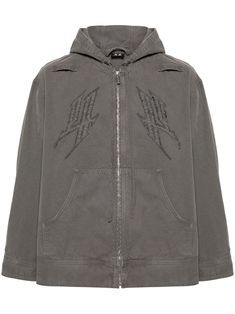 cool grey cotton canvas embroidered logo to the front and rear slouchy drawstring hood front zip fastening drop shoulder long sleeves buttoned cuffs two front pouch pockets straight hem unlined Grey Cotton, Gray Jacket, Drop Shoulder, Pocket Pouch, Hooded Jacket, Cotton Canvas, Fashion Outfits, ? Logo, Grey