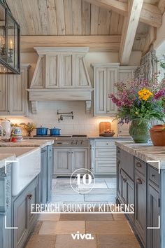 an image of a kitchen setting with flowers in the center and french country kitchens below