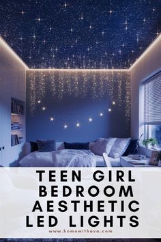 a bedroom with stars on the ceiling and text overlay that reads teen girl bedroom aesthetic led lights