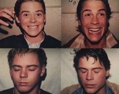 four different pictures of a man smiling and making faces with his hair in the air