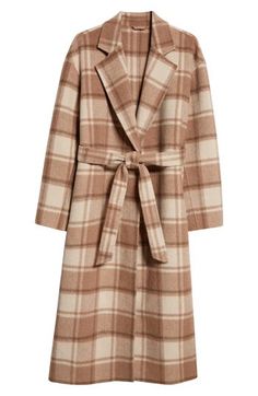 Embrace cozy-chic style with this woolly wrap coat patterned in classic plaid and tied with a matching belt. 50" length Notched collar Removable tie belt Unlined 51% polyester, 44% wool, 5% other fibers Dry clean Imported Fall Beige Outerwear With Tie Waist, Chic Plaid Wool Outerwear, Elegant Plaid Wool Coat For Work, Elegant Plaid Wool Coat For Fall, Wrap Coat Pattern, Plaid Wrap Coat, Flannel Oversized, Oversized Wool Coat, Wool Coat Women