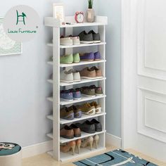 a white shoe rack filled with lots of shoes