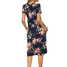 Navy Floral Print Short Sleeve Pencil Dress Casual Floral Print Sheath Dress, Casual Sheath Dress With Floral Print, Casual Work Style, Casual Midi Dress, Midi Dress With Pockets, Plain Maxi Dress, Belted Midi Dress, Casual Wedding Dress, Affordable Dresses