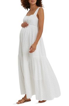 Eyelet embroidery sweetens the look of a bump-flattering sundress with a versatile silhouette that will fit you beautifully throughout pregnancy and beyond. 56" length Square neck Sleeveless 100% cotton Machine wash, dry flat Imported White Nursing Friendly Maternity Dress, Nursing Friendly Maternity Dress With Empire Waist, Nursing Friendly Empire Waist Maternity Dress, White Maternity Nursing Dress, White Maternity Nursing Friendly Dress, White Nursing Friendly Dress, White Maternity Dress Nursing Friendly, Summer Maternity Dress Nursing Friendly Daywear, Summer Daywear Nursing-friendly Maternity Dress