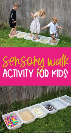 two children playing in an outdoor play area with the words sensory walk activity for kids