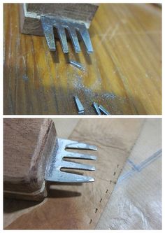 there are two pictures of different tools on the same table and one is made out of wood