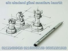 a pencil drawing of chess pieces on paper