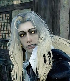 a woman with long white hair and yellow eyes