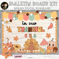 the bulletin board kit includes an image of a turkey, leaves and acorns