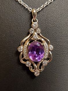 "Beautiful Purple Alexandrite Color Changing From Purple To Magenta Lab Grown Stone 8x10mm In Vintage Style Rococo Sterling Silver Chandelier Design Necklace. 18-20\" Sterling Chain." Purple Gem Necklace, Chandelier Video, Princess Amethyst, Natural Opal Ring, Purple Style, Crystal Goddess, Silver Chandelier, Hot Makeup, Purple Gems