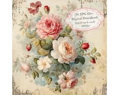 an old - fashioned floral card with roses on the front and back side, in pastel colors