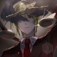 an anime character with blonde hair wearing a suit and red tie, holding scales on his head