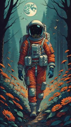 an astronaut walking through the woods in front of a full moon with trees and flowers