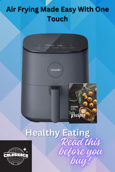 an air fryer with the text healthy eating read this before you buy it on amazon